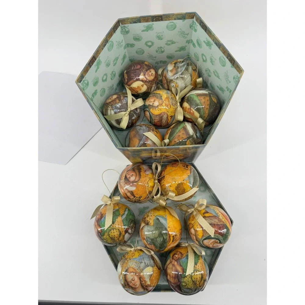 Vintage Renaissance Angel Christmas Ball Ornaments Set of 14 in Hexagon Box